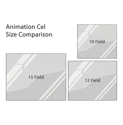 Animation Cel size comparison, showing 10 Field, 12 Field and 15 Field Cel.